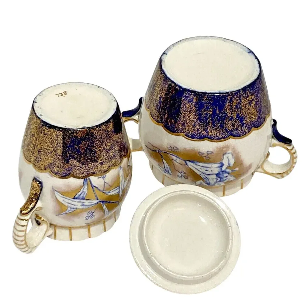 Vintage porcelain creamer & covered sugar bowl cobalt blue white and gold floral